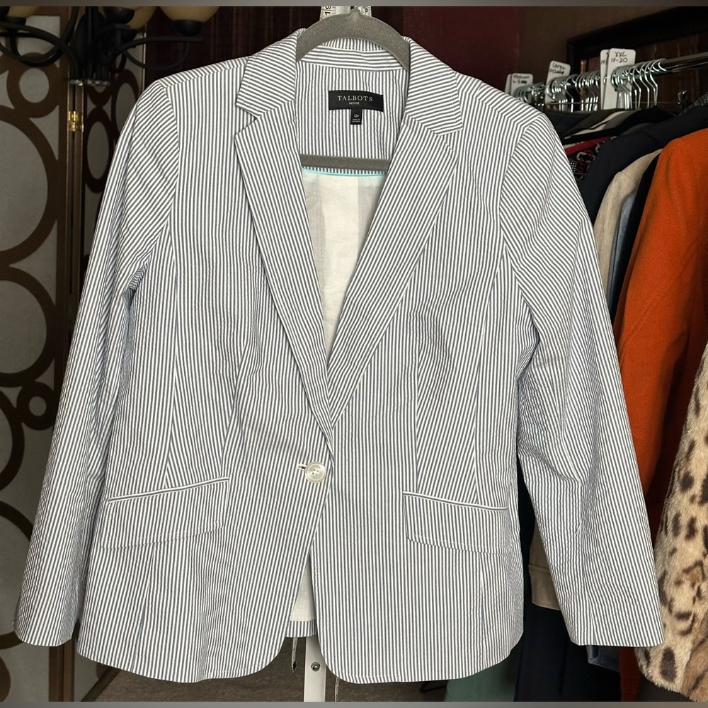 Talbots Petite 12P Seersucker Blazer Blue White Preppy